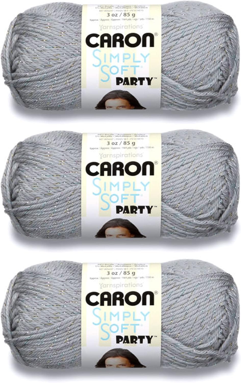 "Caron Simply Soft Party Silver Sparkle Yarn - 3 Pack (3oz Each) - Worsted Weight"