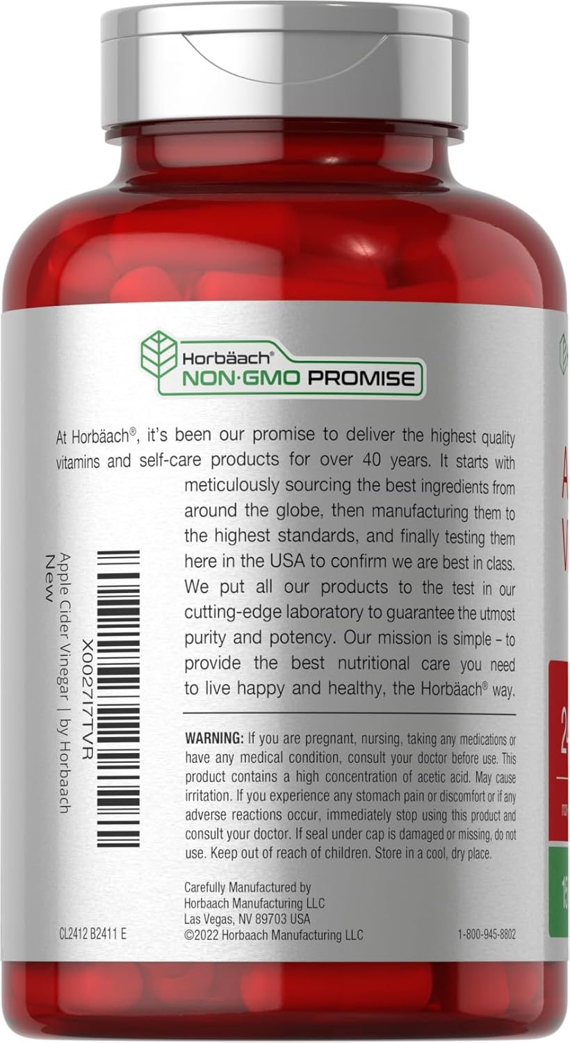 Horbäach apple cider vinegar capsules: 150 capsules, 2400mg per serving for digestion and weight management.
