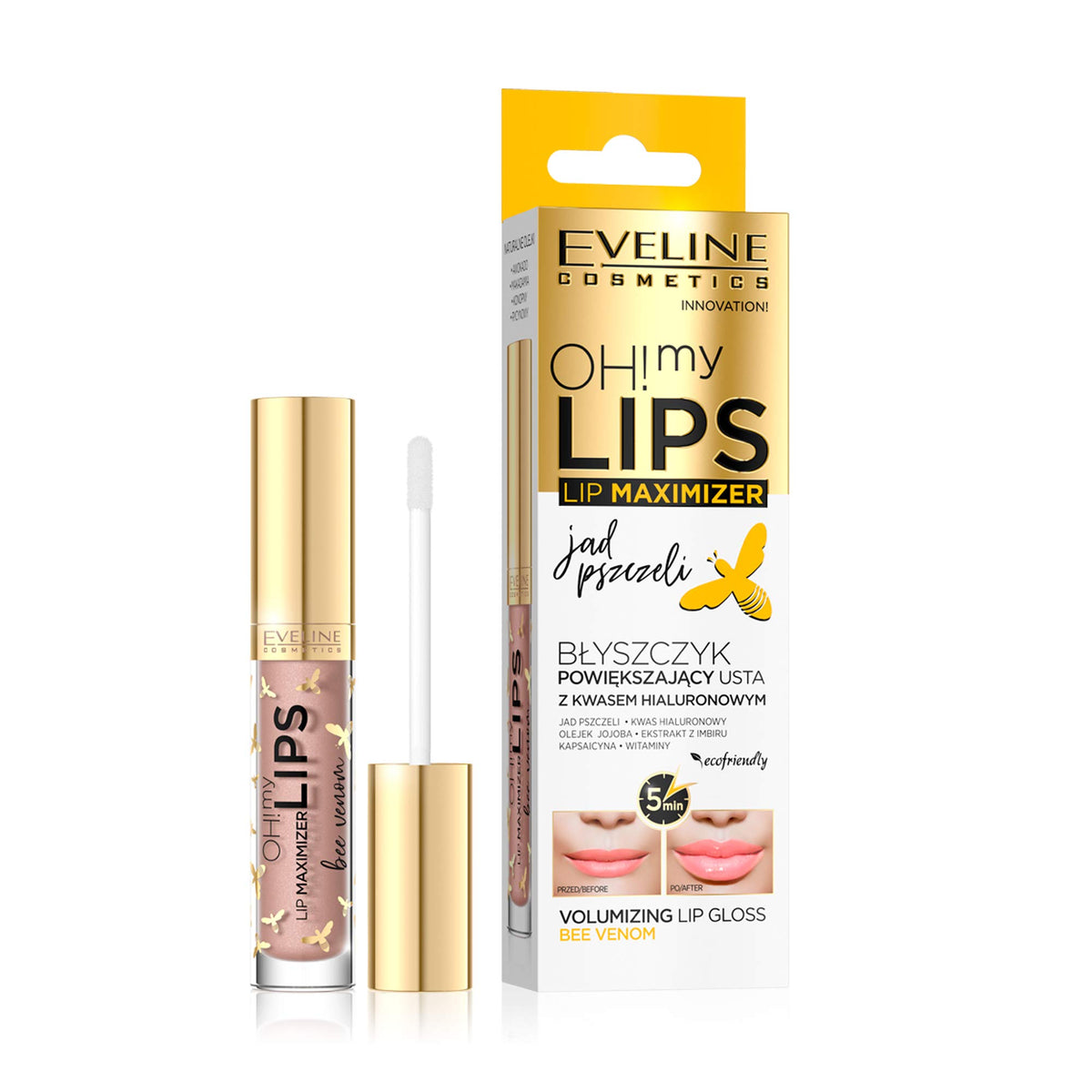 Eveline Cosmetics Oh! My Lips Lip Gloss - Hyaluronic Acid & Bee Poison for Fuller Lips, Lip Plumper, Silky Shine, 4.5ml