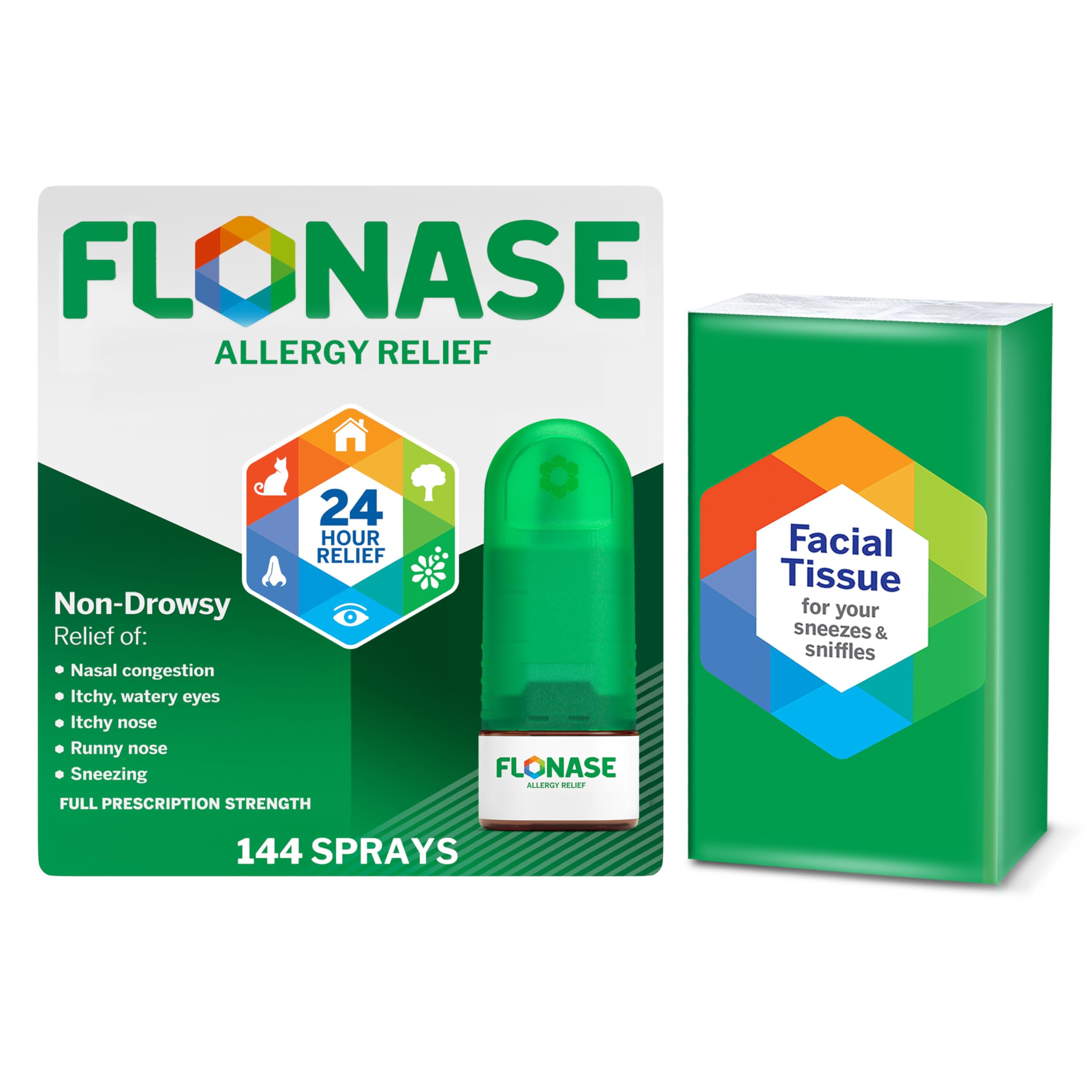 Flonase Allergy Relief Nasal Spray - 24-Hour Non-Drowsy Multi-Symptom, 144 Sprays + Bonus Tissues