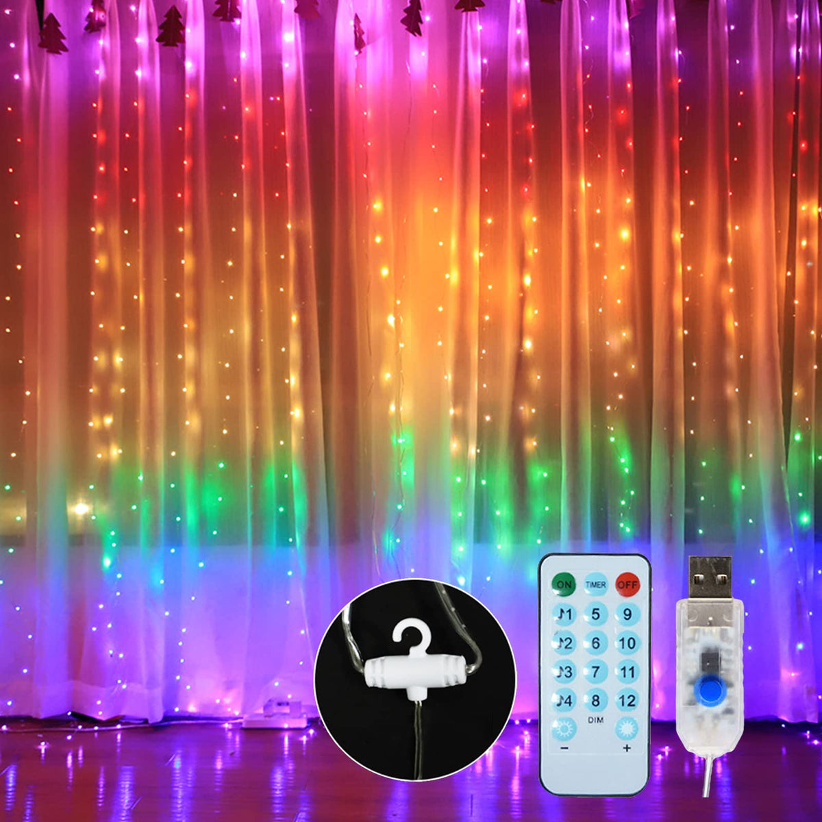 Fawoonu 10 X 9FT 280LEDs Rainbow Curtain String Lights - 8 Modes Remote Control Copper Wire Waterfall Fairy Lights for Wedding, Party, and Home Decor