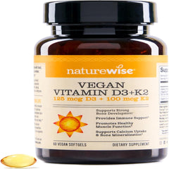 NatureWise Vitamin D3 + K2 with Plant Based D 5000IU & 100mcg K as MK-7 - Max Absorption Immune Support - Vegan, Non-GMO - with Extra Virgin Olive Oil - 60 Softgels[2-Month Supply]