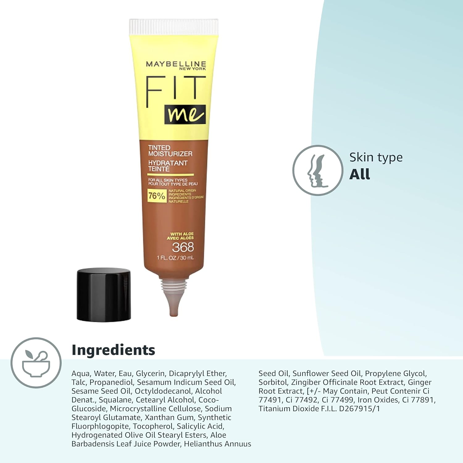 مكياج مايو بيلين Fit Me Tinted Moisturizer، تغطية طبيعية، لون 368، خفيف ومرطب.