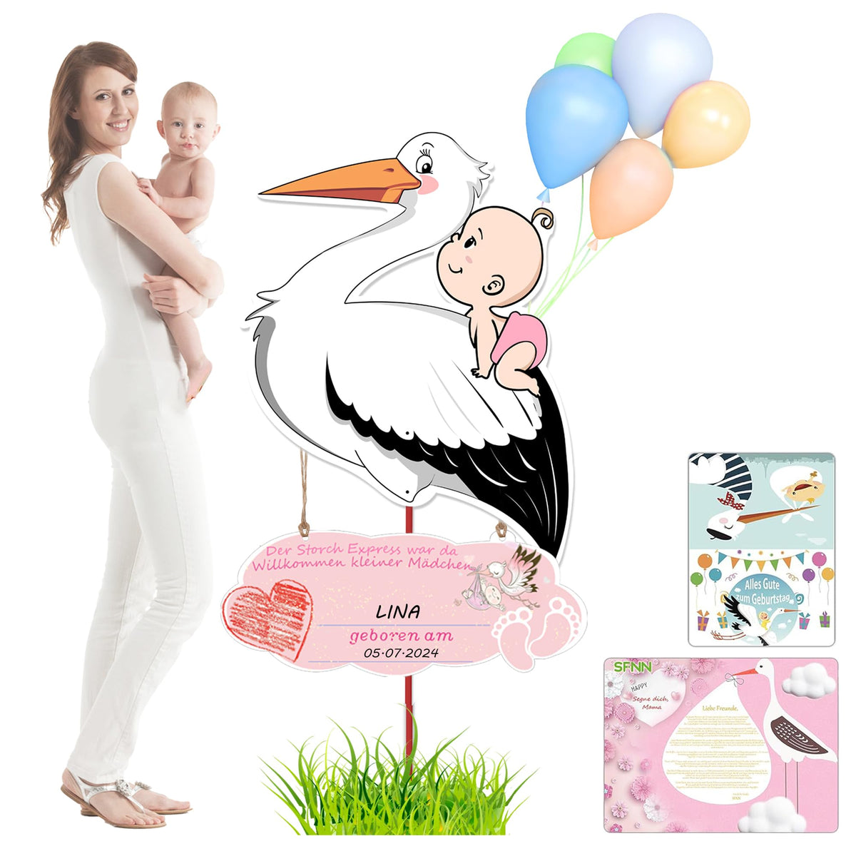 Large 158cm Wooden Stork Outdoor Birth Announcement Sign (Pink Rattle) - Welcome Home Decor