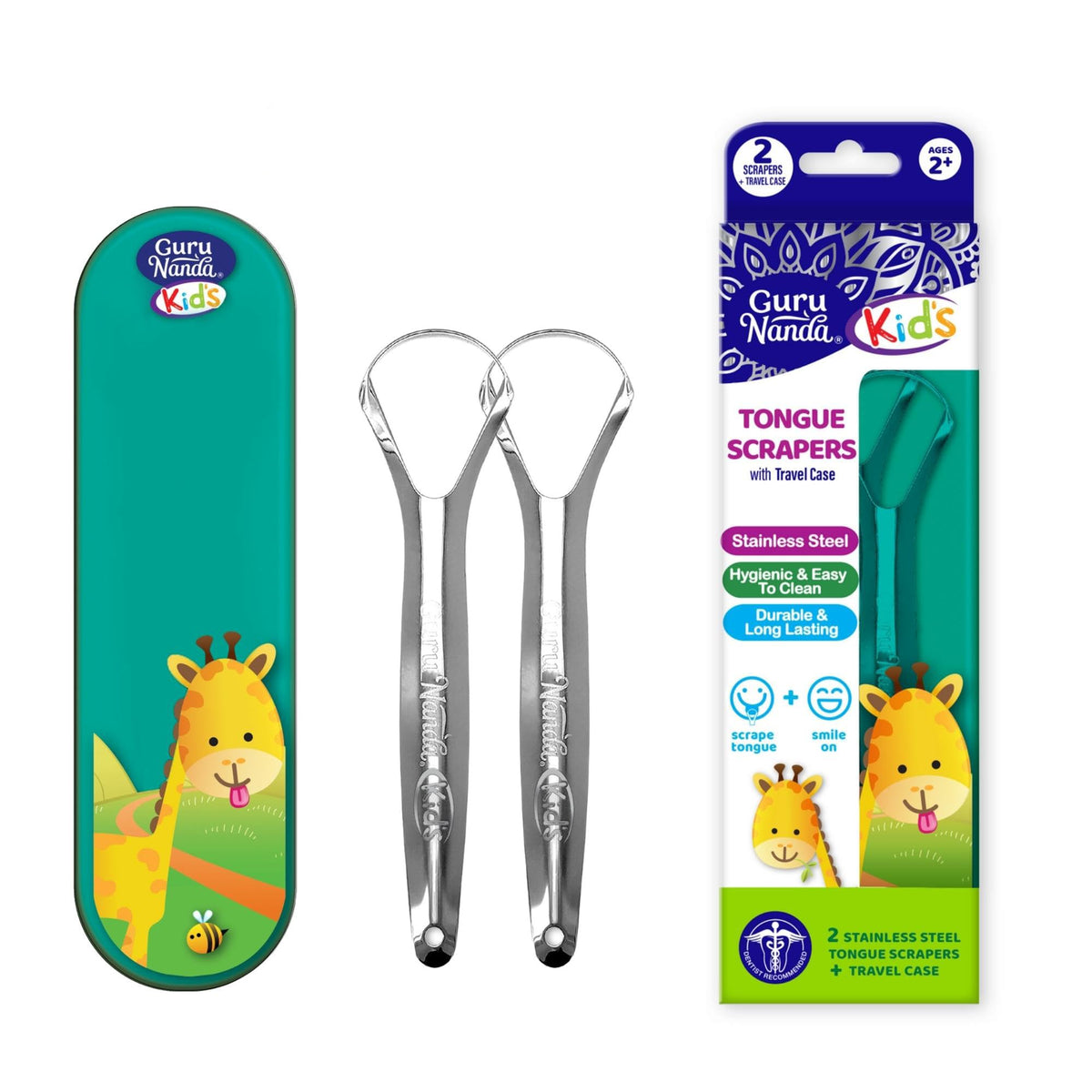 GuruNanda U-Shaped Stainless Steel Tongue Scraper with Travel Case - 2 Pack