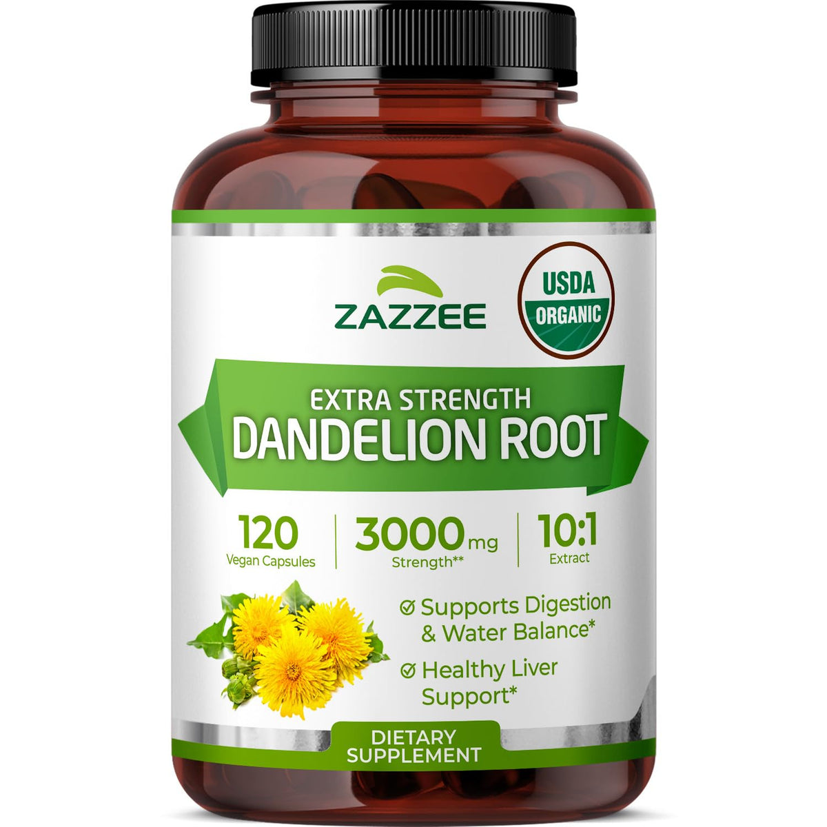 Zazzee USDA Organic Dandelion Root 10:1 Extract | 3000 mg Strength | 120 Capsules