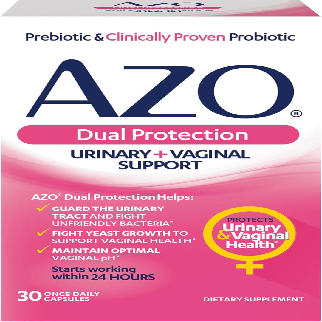 AZO Dual Protection، دعم المسالك البولية والمهبلية، البريبايوتكس والبروبيوتكس للنساء*، يبدأ مفعوله خلال 24 ساعة، خالٍ من الكائنات المعدلة وراثيًا، 30 قطعة 