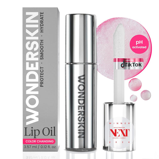 زيت مصل الشفاه Wonderskin Lip Rehab - زيت الشفاه المتغير اللون من شفاف إلى وردي - مصل ملون غير لزج ومرطب للشفاه الجافة (مُقبَّل)