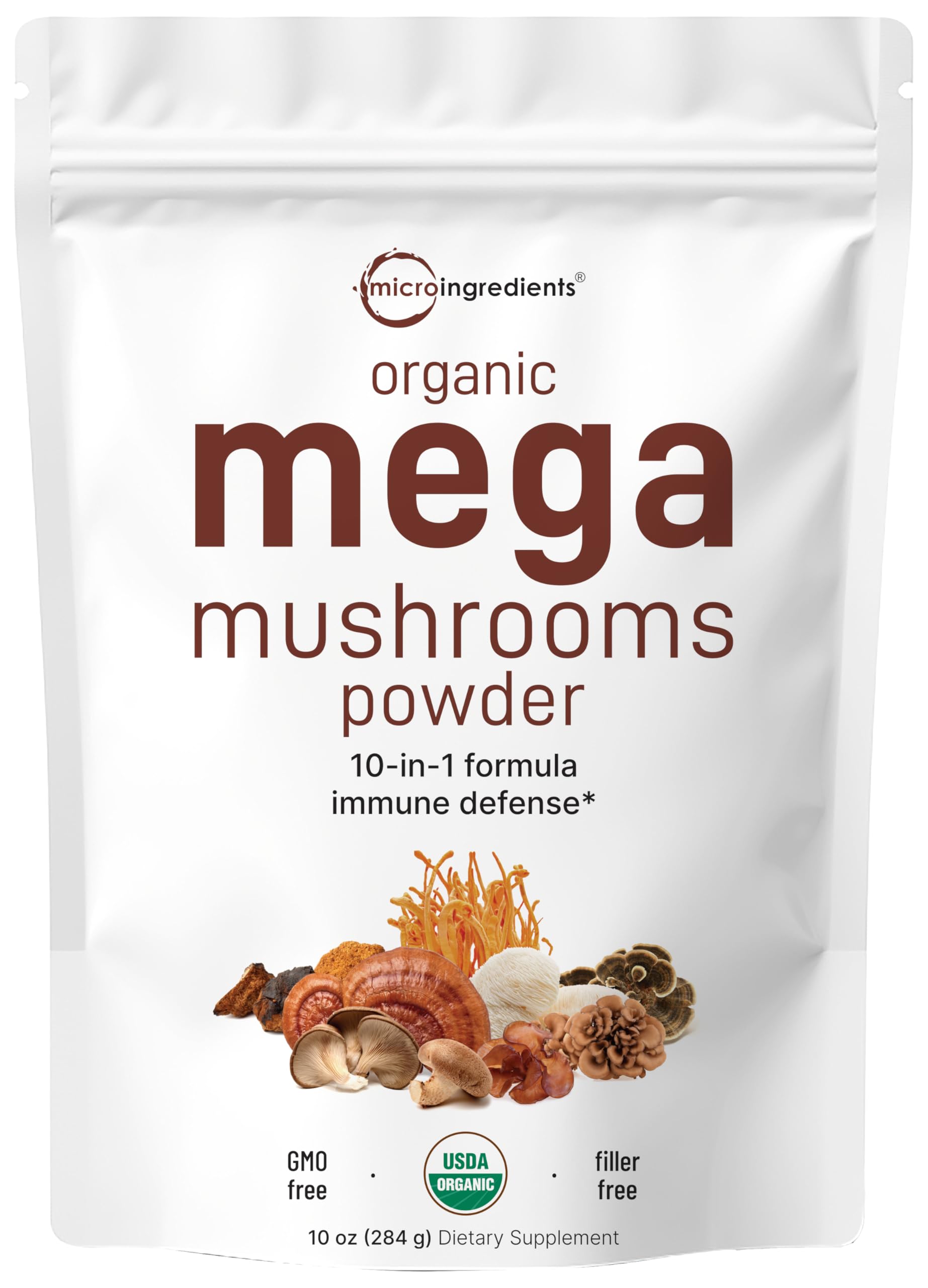 Organic Mega Mushroom 10-in-1 Complex Powder - Immune Booster with Chaga, Lions Mane, Cordyceps & More