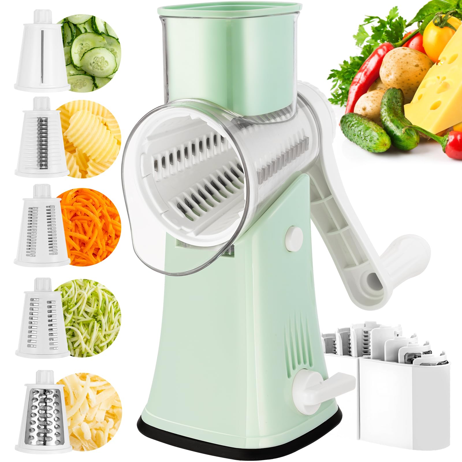 VEKAYA 5-in-1 Rotary Cheese Grater & Vegetable Shredder with Storage Box