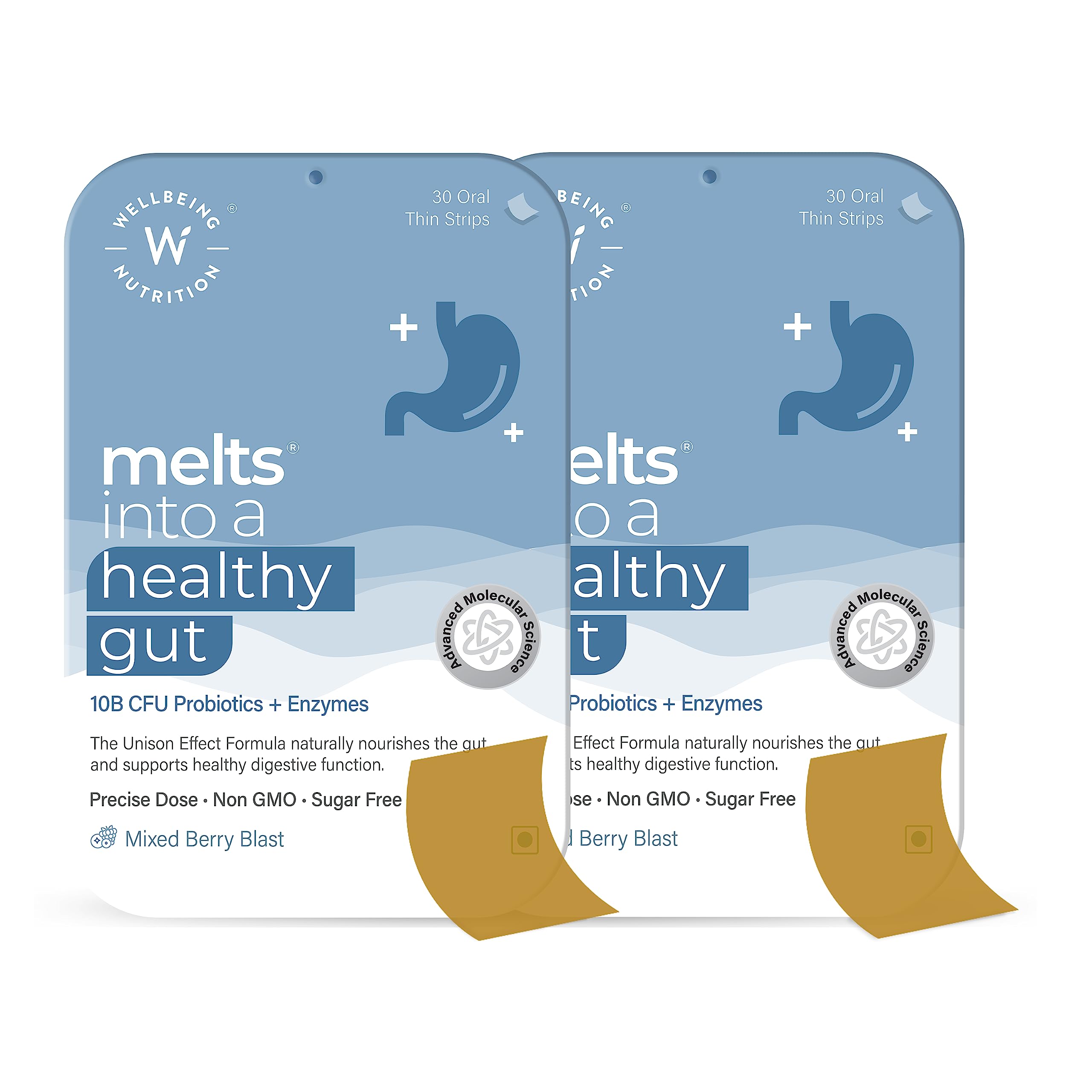 Wellbeing Nutrition Melts Healthy Gut - 60 Oral Strips for Indigestion, Gas, Acidity & Bloating Relief | 10 Billion CFU Probiotics + Digestive Enzymes & Organic ACV