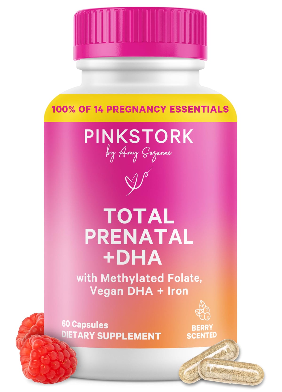 Pink Stork Total Prenatal Vitamins with DHA, Folate, Iron, Choline & B12 (60 Capsules)