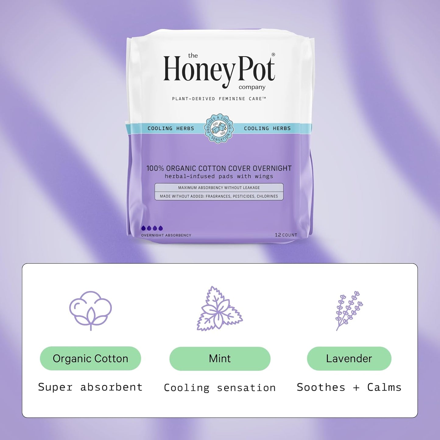 The Honey Pot Company - Herbal Pads for Women - Overnight w/Wings - Infused w/Essential Oils for Cooling Effect & Organic Cotton Cover - Feminine Care - FSA & HSA Eligible - 12 ct