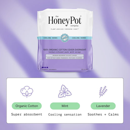 The Honey Pot Company - Herbal Pads for Women - Overnight w/Wings - Infused w/Essential Oils for Cooling Effect & Organic Cotton Cover - Feminine Care - FSA & HSA Eligible - 12 ct