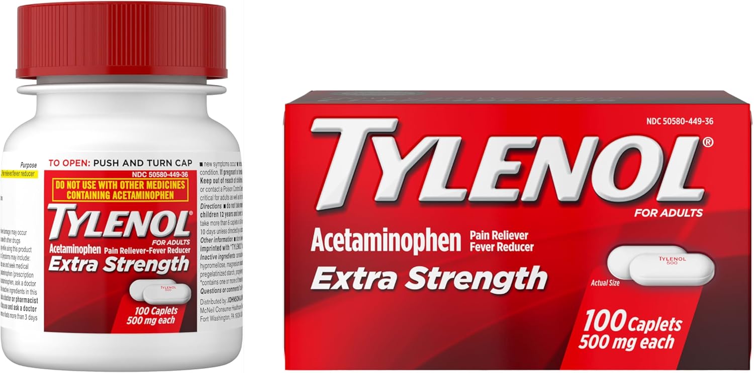 _GenericName_ مُسكن ألم وفيروريدucer من تيلينول، 100 حبة، 500 ملغ من الأسيتامينوفين.