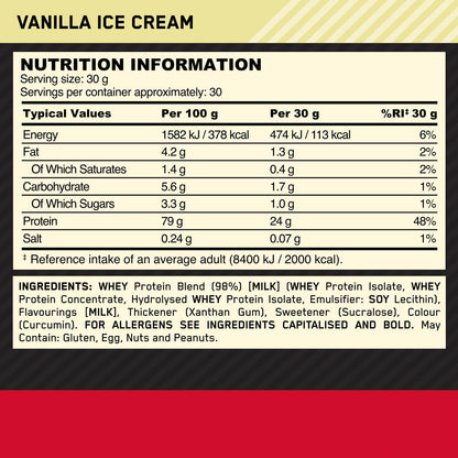 Optimum Nutrition Gold Standard 100% Whey Protein Powder, Vanilla Ice Cream, 2 Pound (Packaging May Vary)