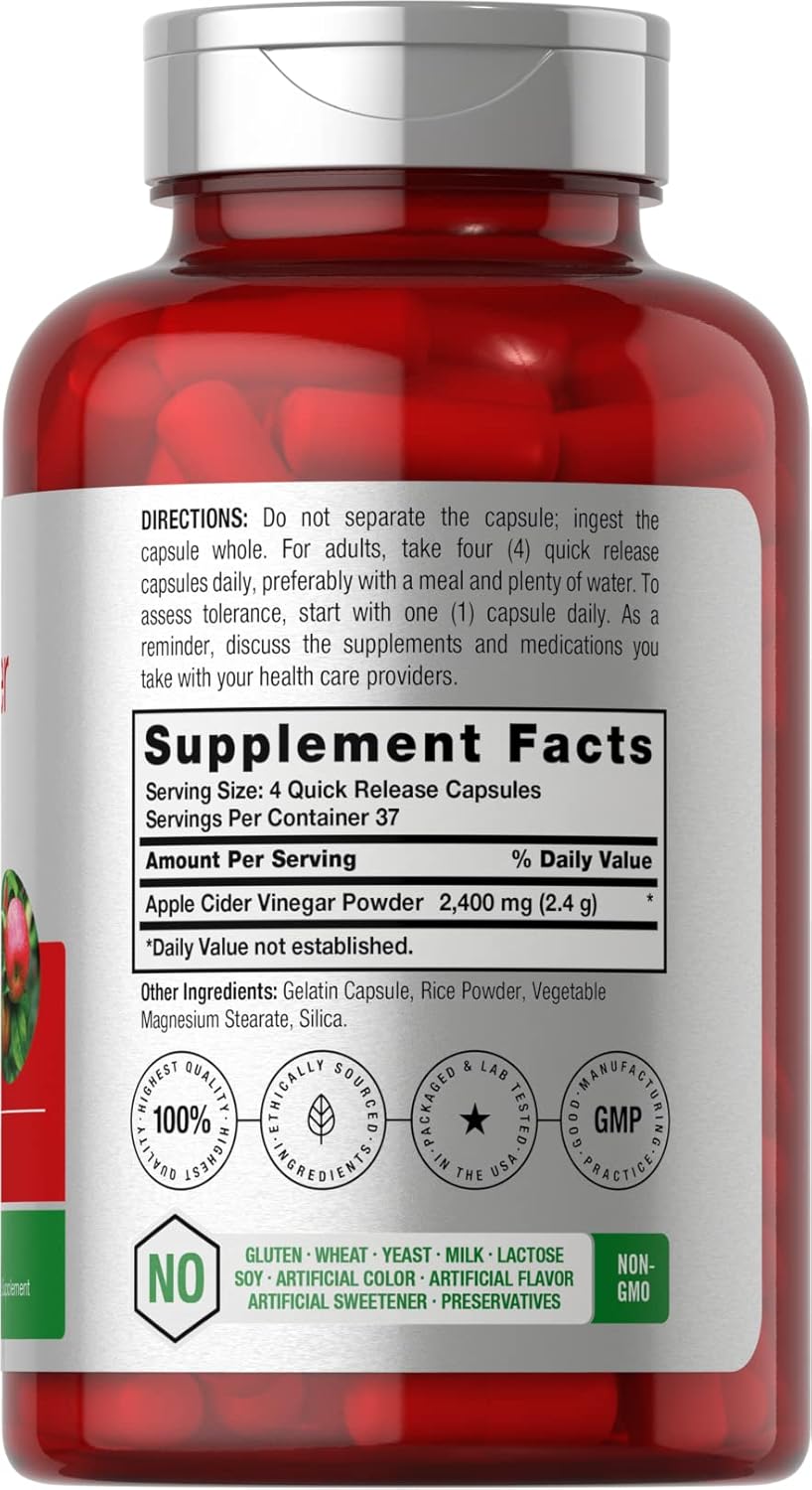 Horbäach apple cider vinegar capsules: 150 capsules, 2400mg per serving for digestion and weight management.