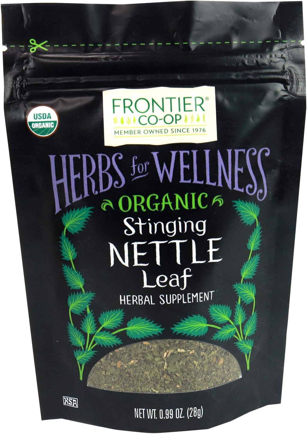 أوراق القراص اللاذع العضوي المقطعة والمُنخَّلة (Stinging Nettle Leaf) - 29 مل (28 جرام) - فرونتير كواب (Frontier Co-op) في كيس قابل لإعادة الغلق