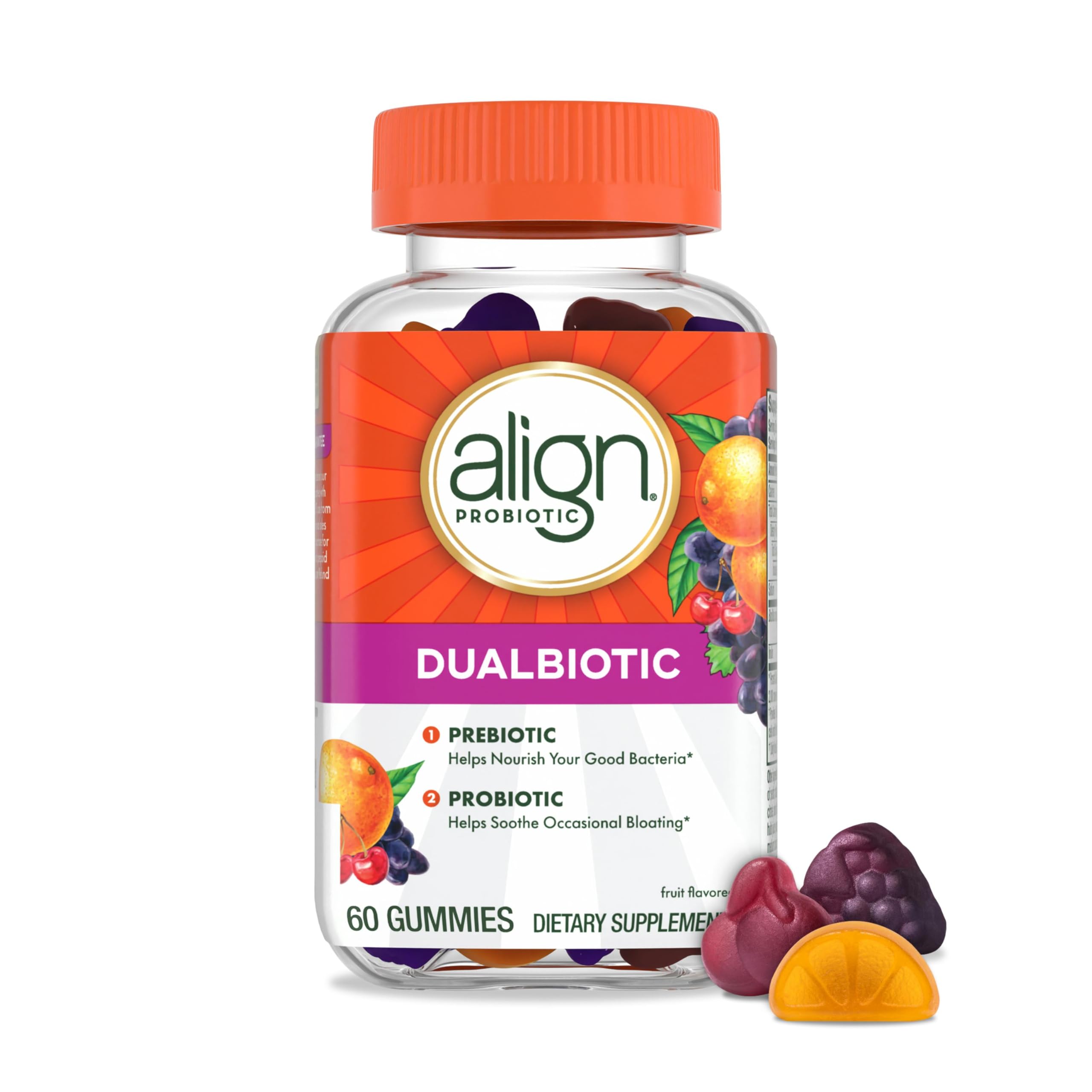 Align DualBiotic Prebiotic + Probiotic Gummies for Women & Men - Natural Fruit Flavors, 60 Count