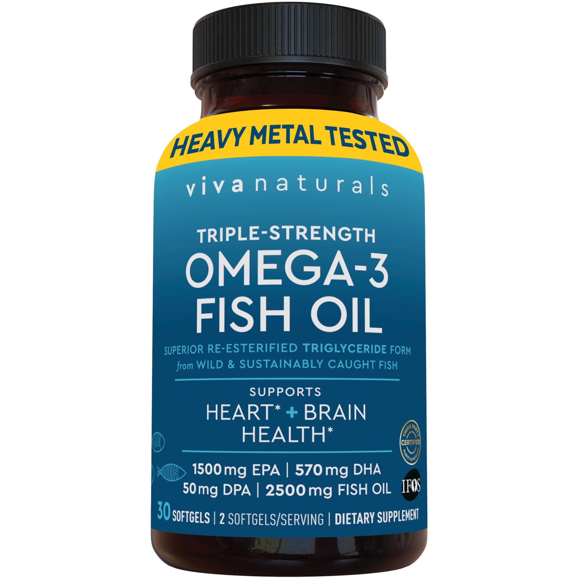 Viva Naturals Triple Strength Omega 3 Fish Oil (2500mg) - Pescatarian Softgels (30 Ct)