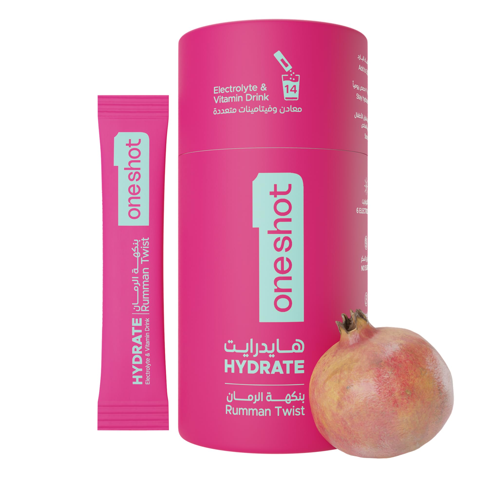 Oneshot Hydration Electrolyte Powder Drink Mix - Sugar Free, Pomegranate Flavor, 14 Sachets