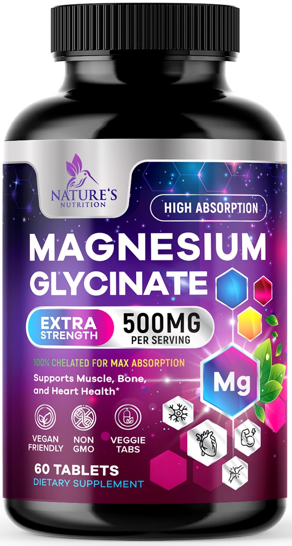 High Absorption Chelated Magnesium Glycinate 525mg - Vegan Capsules for Stress & Sleep (60 Count)