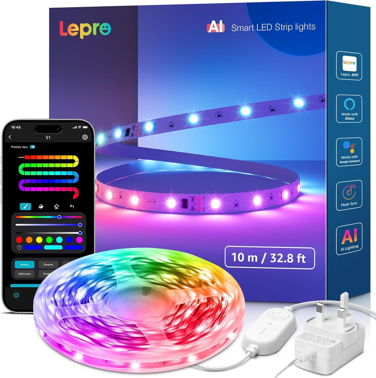 Lepro S1 شريط إضاءة LED ذكي بالذكاء الاصطناعي بألوان قوس قزح ١٠ متر - ٣٠ مصباح LED/متر، مزامنة الموسيقى، متوافق مع Alexa و Google Home، تحكم صوتي عبر تطبيق WiFi وبلوتوث، مساعد تصميم الإضاءة بالذكاء الاصطناعي، أضواء LED MagicColor لغرفة النوم