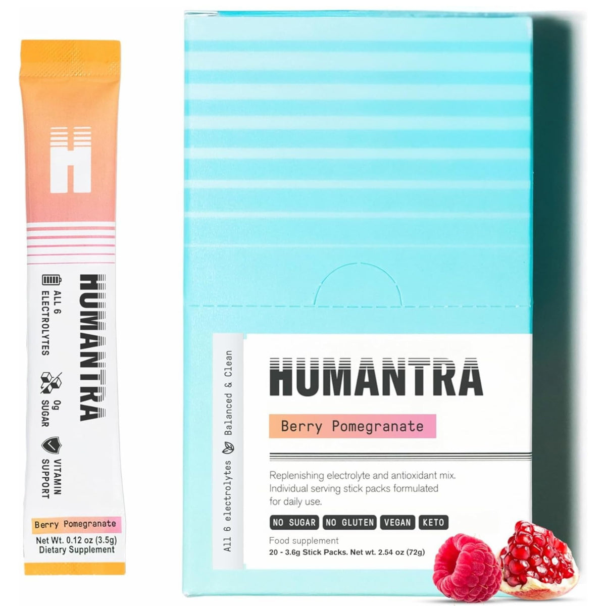 Humantra Hydration Packets - Zero Calorie Electrolyte Powder with Essential Minerals - Berry Pomegranate (20 Count)