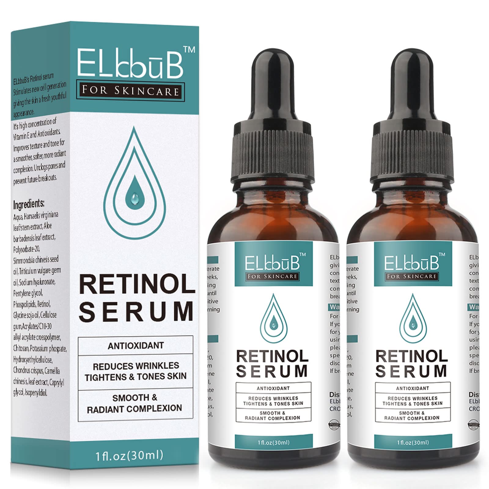 ELBBUB Retinol Serum - Anti Aging Retinol with Hyaluronic Acid & Vitamin E (2 Pack)
