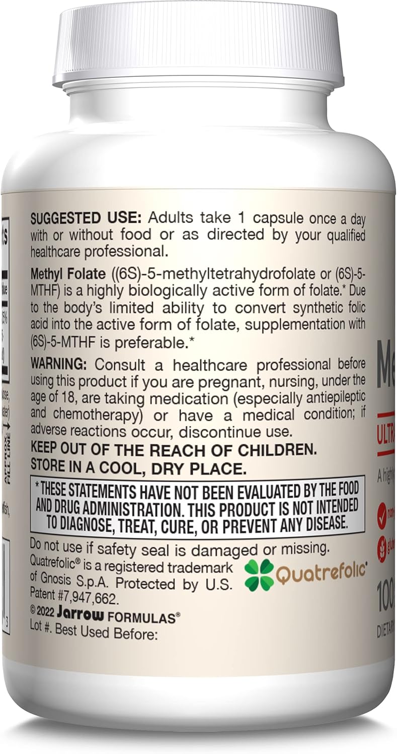 Jarrow Formulas® Methyl Folate 1000 mcg, Dietary Supplement, Methyl Folate for Cellular Energy Support, 100 Veggie Capsules, 100 Day Supply