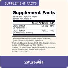NatureWise Vitamin K2 MK-7 100mcg and MK-4 500mcg - Enhanced Bioavailable Formula - K Complex Supplement for Bone and Heart Health - Vegan, Gluten Free, Non-GMO - 90 Softgels[3-Month Supply]
