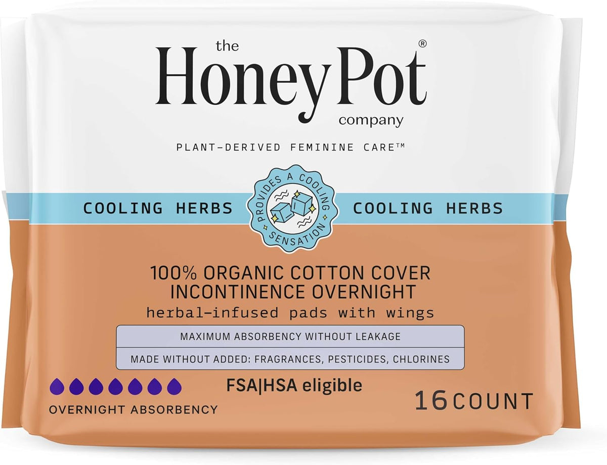 The Honey Pot Company - Herbal Pads for Women - Organic Incontinence Overnight w/Wings - Infused w/Essential Oils for Cooling Effect - Postpartum Essentials - Feminine Care - FSA & HSA - 16 ct
