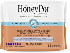 The Honey Pot Company - Herbal Pads for Women - Organic Incontinence Overnight w/Wings - Infused w/Essential Oils for Cooling Effect - Postpartum Essentials - Feminine Care - FSA & HSA - 16 ct