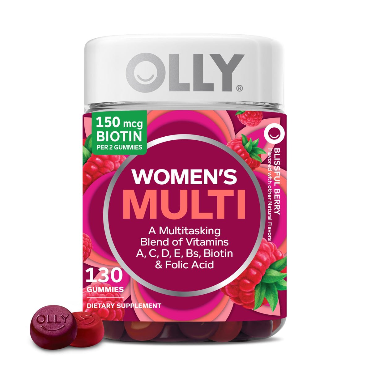 OLLY Women's Multivitamin Gummies - Immune & Overall Health Support with Vitamins A, D, C, E, Biotin & Folic Acid - Berry Flavor, 130 Count (65 Day Supply)