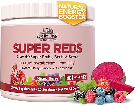 Country Farms Super Reds Antioxidant Superfood Powder, Mixed Berry, 7.1 oz (200g)