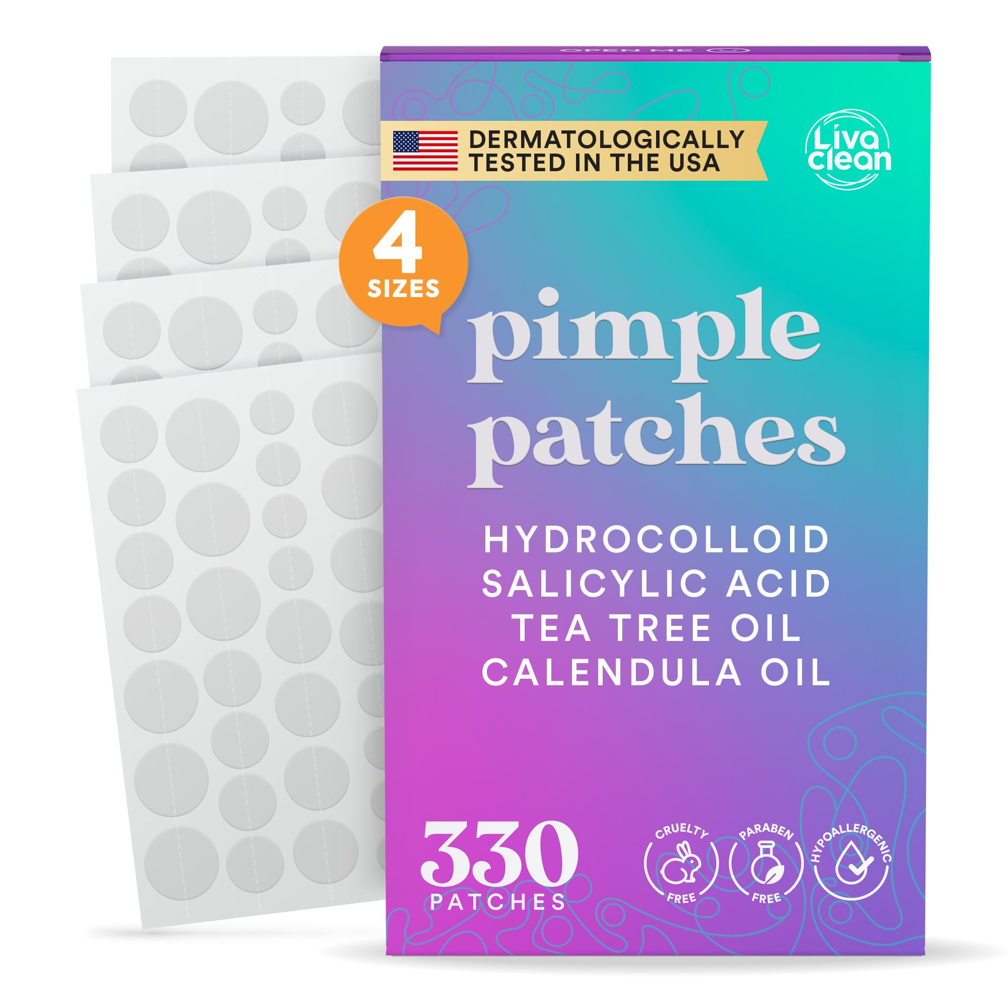 LivaClean 330 CT Pimple Patches with Salicylic Acid, Tea Tree Oil & Calendula Oil - Four Sizes