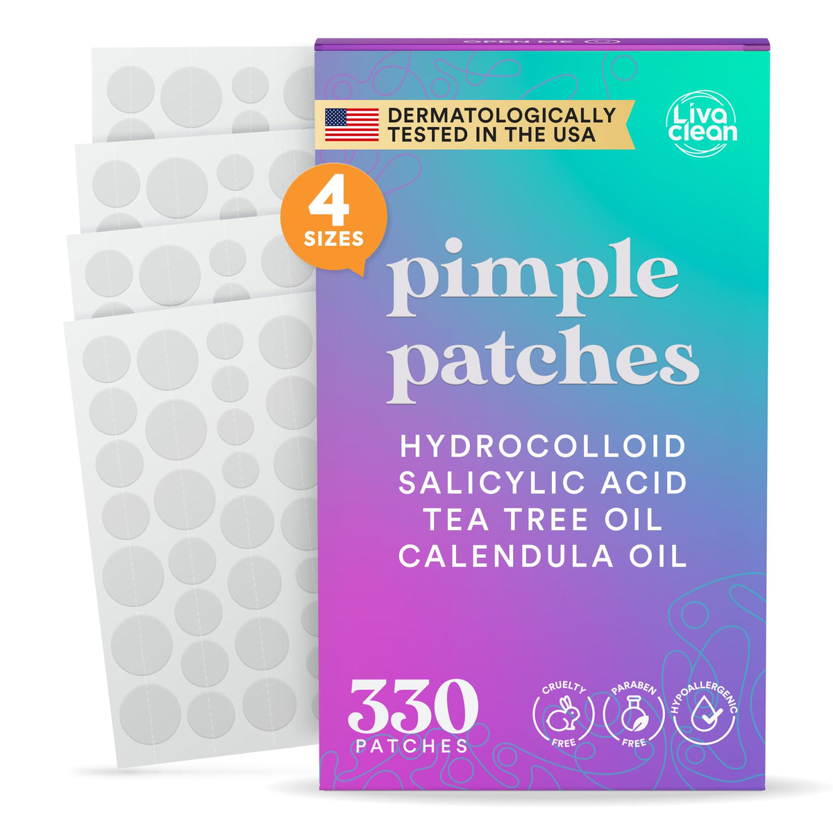 LivaClean 330 CT Pimple Patches with Salicylic Acid, Tea Tree Oil & Calendula Oil - Four Sizes