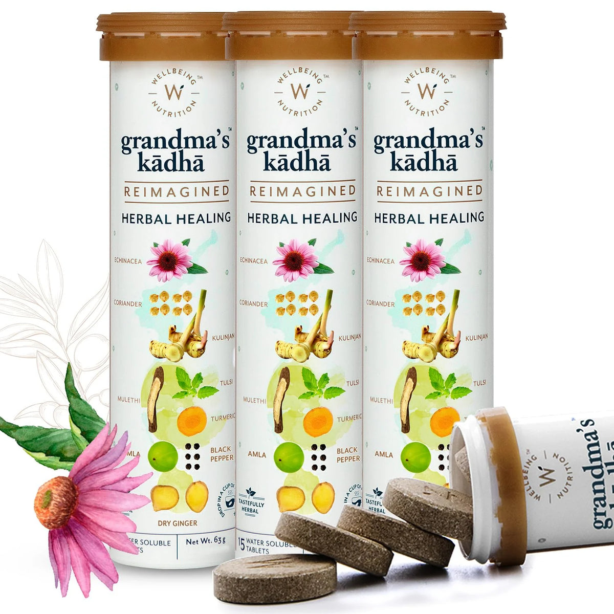 Grandma's Ayurvedic Kadha Tea: Immune-Boosting Herbal Effervescent Tablets with Tulsi, Ginger & Turmeric - Pack of 4 (15 Tablets Each)