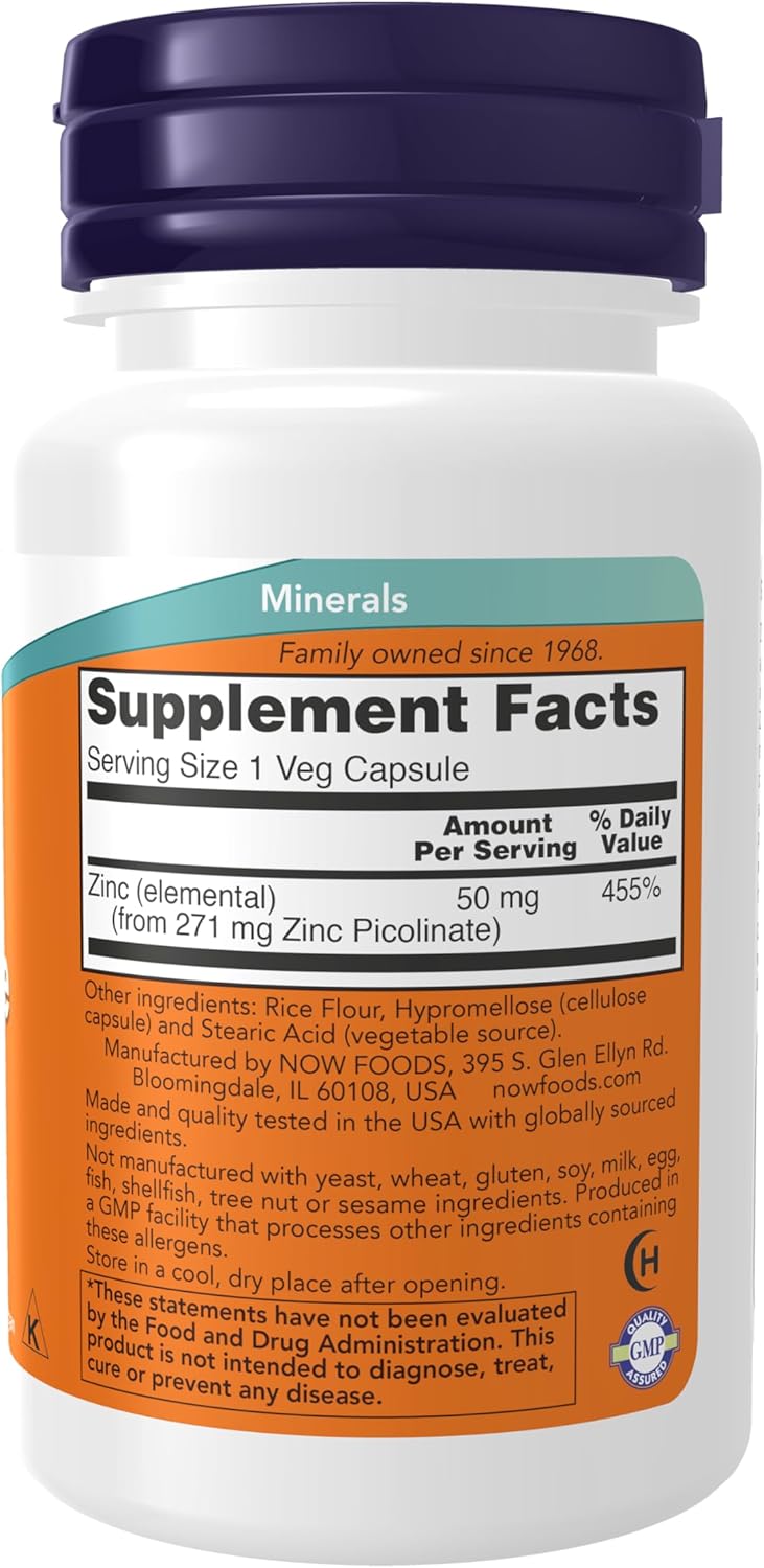 NOW Foods Supplements, Zinc Picolinate 50 mg, Supports Enzyme Functions*, Immune Support*, 60 Veg Capsules