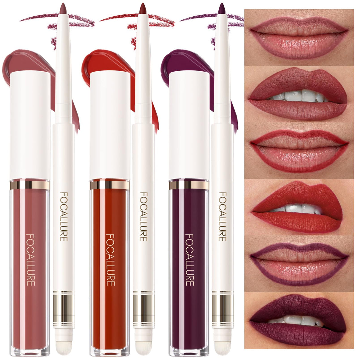 FOCALLURE KISSPROOF 6Pcs Liquid Lipstick & Lip Liner Set - Highly Pigmented Lip Gloss & Matte Lip Crayons with Sharpener - Rouge Lip Makeup Gift for Women
