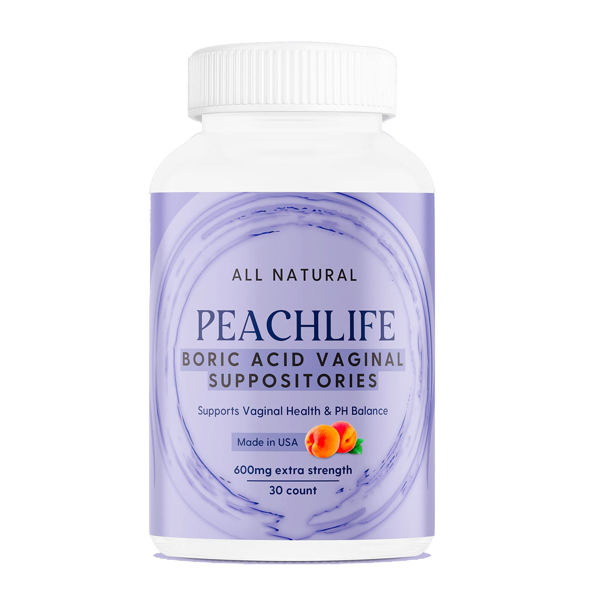 Peachlife Boric Acid Suppositories - USA Made - Vegetable Capsules for Feminine Health & pH Balance