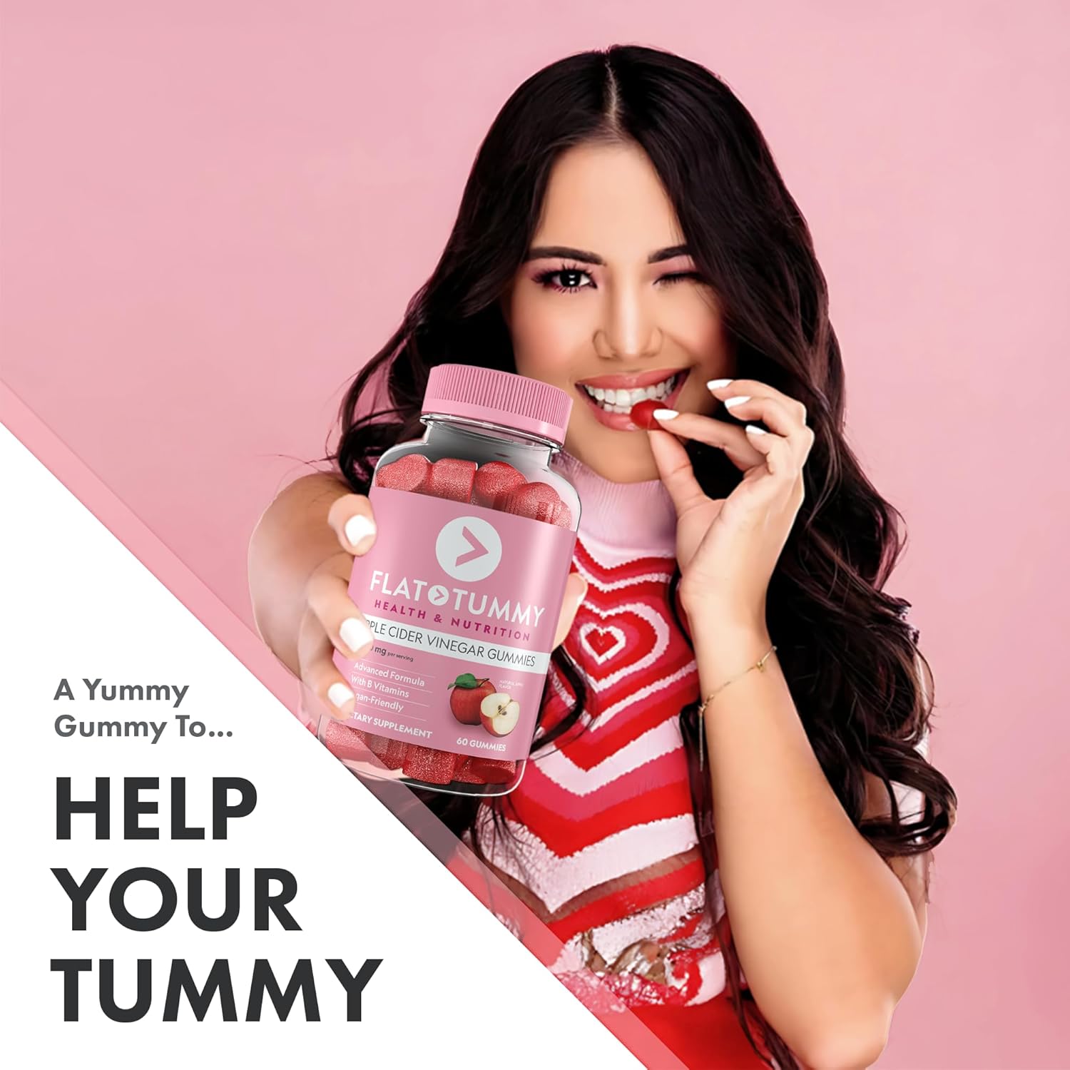 Flat Tummy apple cider vinegar gummies: Vegan, non-GMO gummies for gut health and weight management.