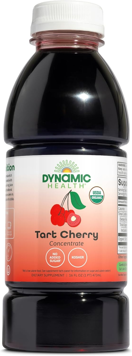 عصير توت الكرز العضوي المركز من Dynamic Health - ٤٧٣ مل غير مُحلى ١٠٠٪ خالص