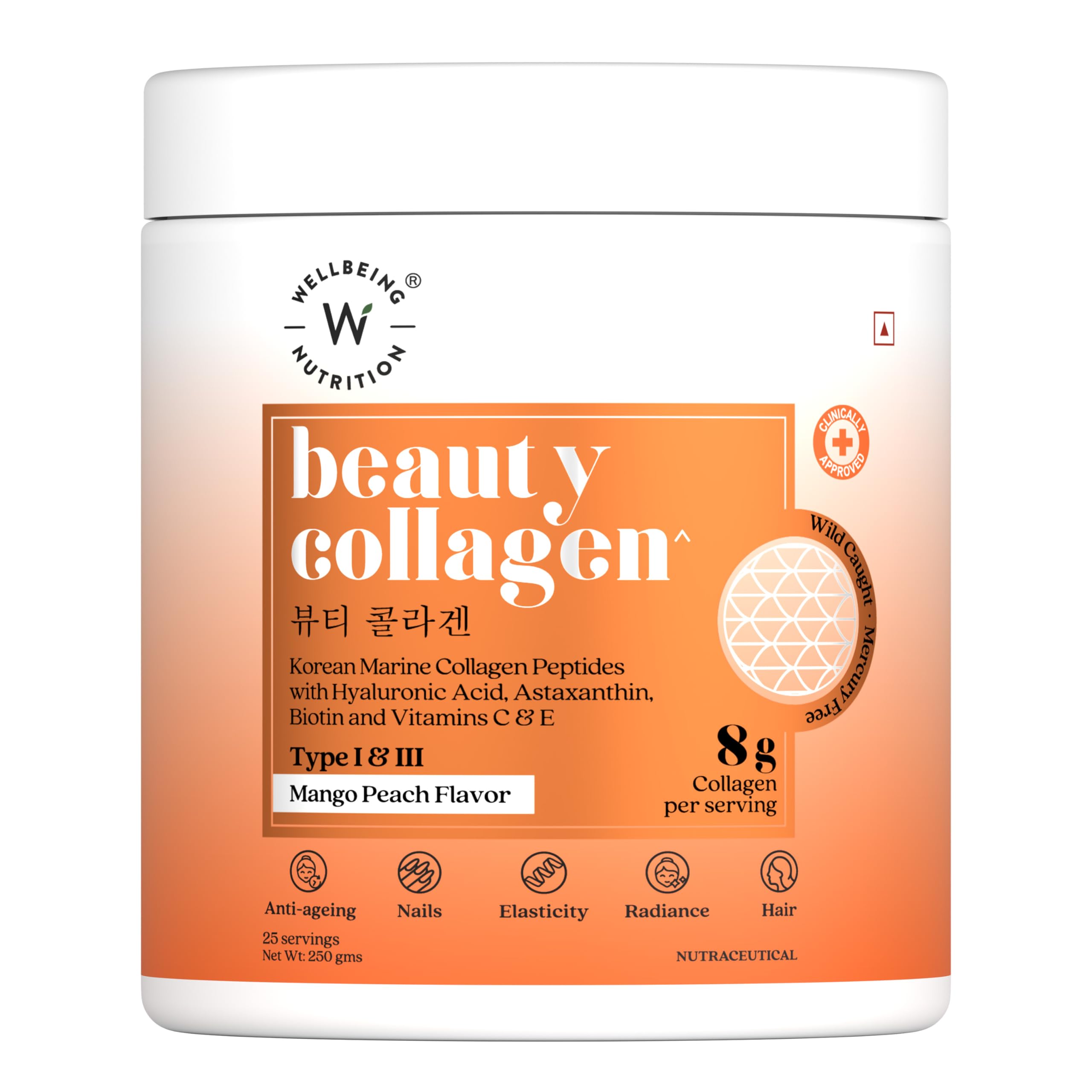 Wellbeing Nutrition Marine Collagen Peptides Powder with Biotin & Hyaluronic Acid (Mango Peach, 250g)