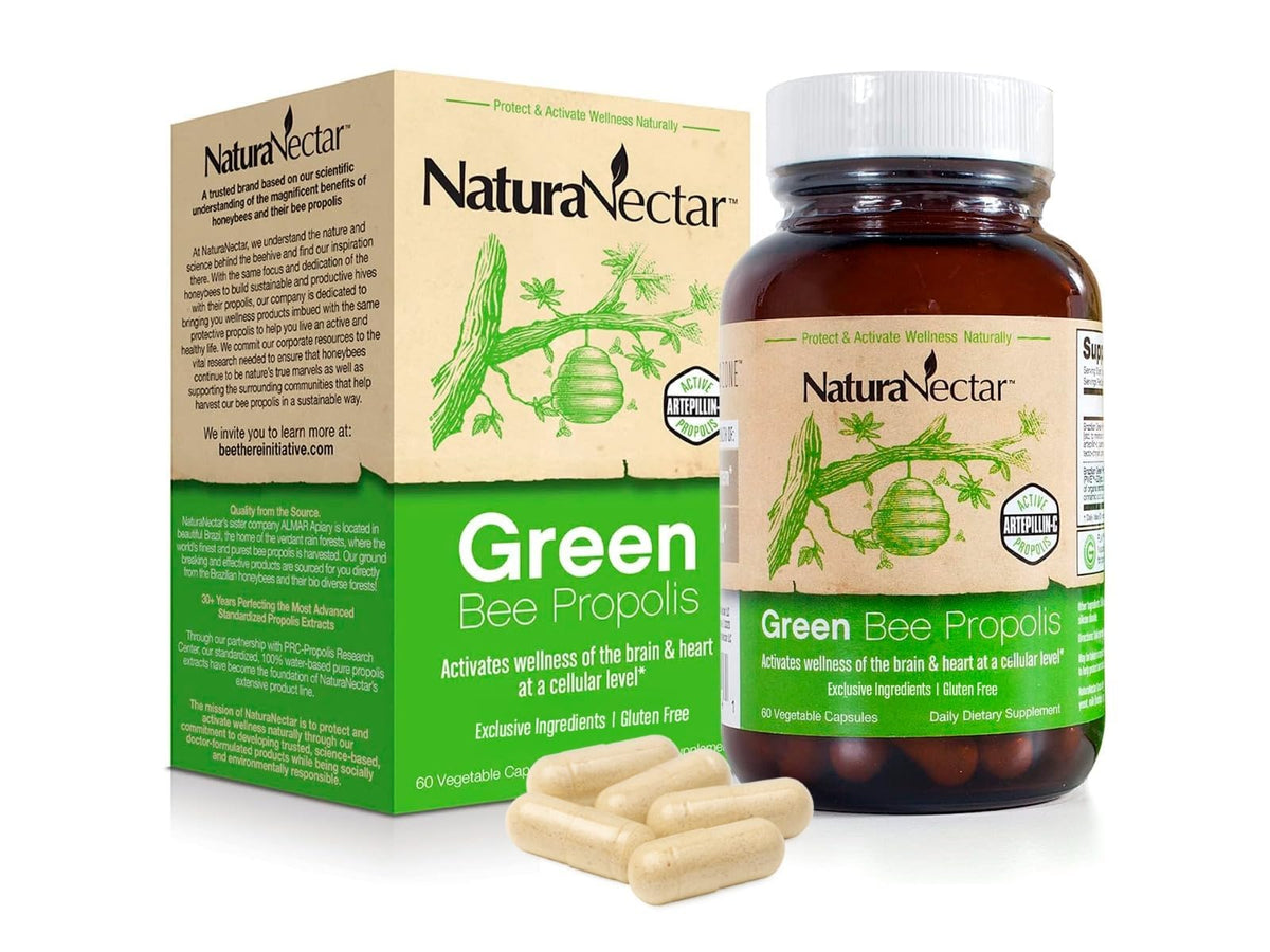 NaturaNectar Green Bee Propolis - Premium Brazilian Propolis with NSF Content Certificate - Ethically Sourced, Natural Beekeeping - 60 Capsules for Care Relief