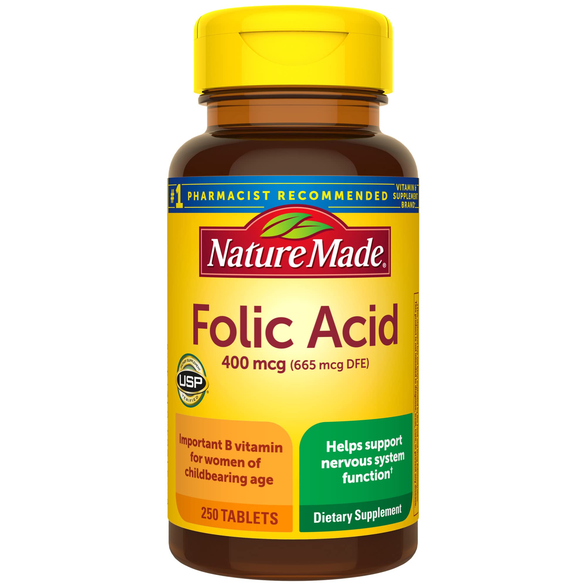 Nature Made Folic Acid 400 mcg (665 mcg DFE) - Nervous System Support - 250 Tablets - 250 Day Supply
