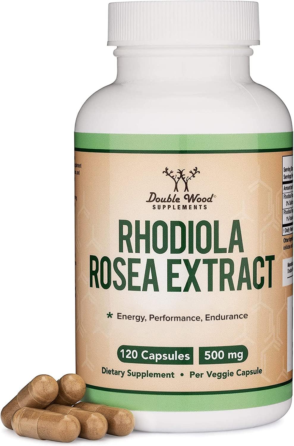 Rhodiola Rosea Supplement 500mg (120 Vegan Capsules) - Natural Stress Support by Double Wood