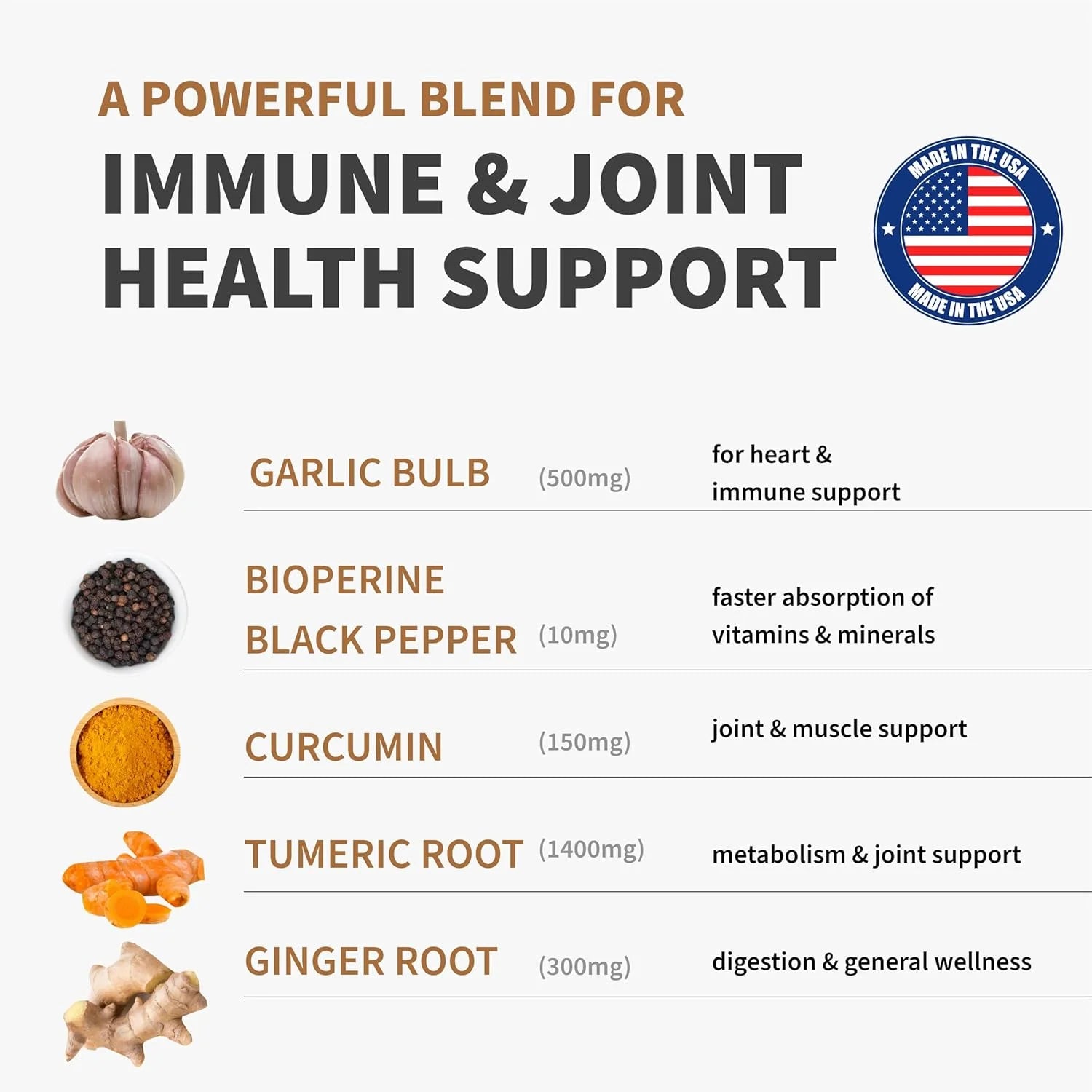 <think>
Okay, so I need to create an ALT text for this product image. The product is a supplement called 4-in-1 Turmeric and Garlic Supplements with Bioperine 2360 mg Turmeric Ginger Root Capsules with Garlic for Joint, Digestion & Immune Support (120 ct) from Herbiflix. The tags include 120 capsules, bioperine, digestion,