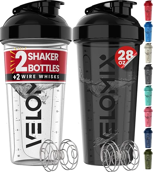 -2 Pack- 28 oz Protein Shaker Bottles for Protein Mixes - 2x Wire Whisk | Leak Proof Shaker Cups for Protein Shakes | Protein Shaker Bottle Pack | Shakers for Protein Shakes-Black&Transparent