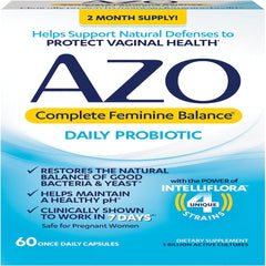 AZO Complete Feminine Balance Daily Probiotics for Women, Clinically Proven to Help Protect Vaginal Health, balance pH and yeast, Non-GMO, 60 Count